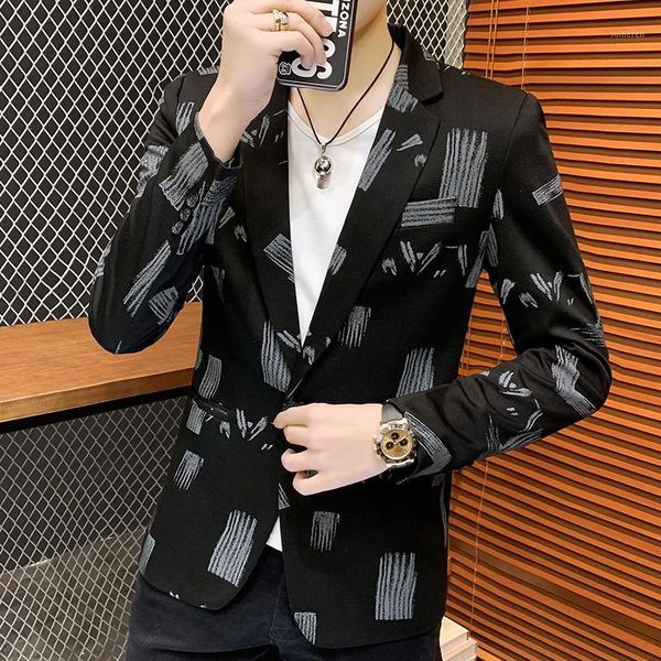

2020 men's handsome slim-fit printed suit youth autumn casual single button blazers1, White;black