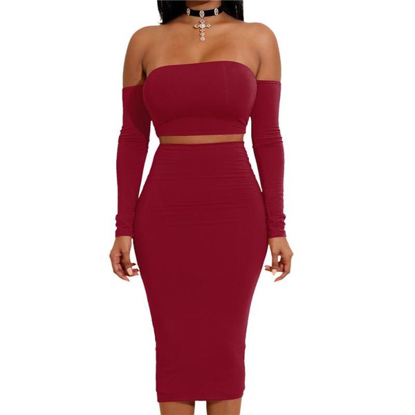 

elegant women two piece sets casual off-shoulder long sleeve crop package hip tight skirt two-piece suits clubwear, Gray