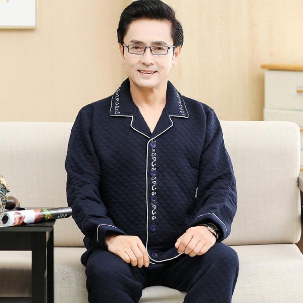 

men's sleepwear winter cotton interlayer middle-aged pajamas long-sleeved thickening plus size home service pijama invierno hombre fash, Black;brown