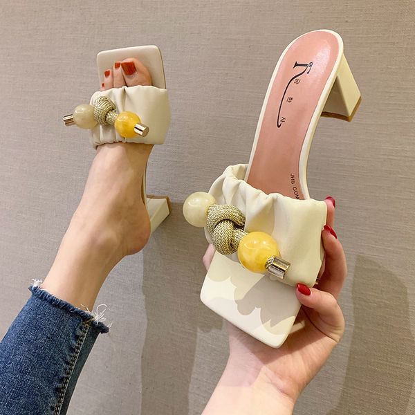 

multicolored sandals square heel shoes rivet low transparent slippers string bead women heels pantofle slides block summer high y1120, Black