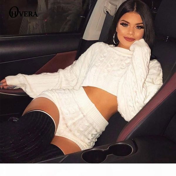 

ohvera sweater two knitted long sleeve crop and bodycon shorts suit winter 2 piece set women 2018 outfits c19042101, White
