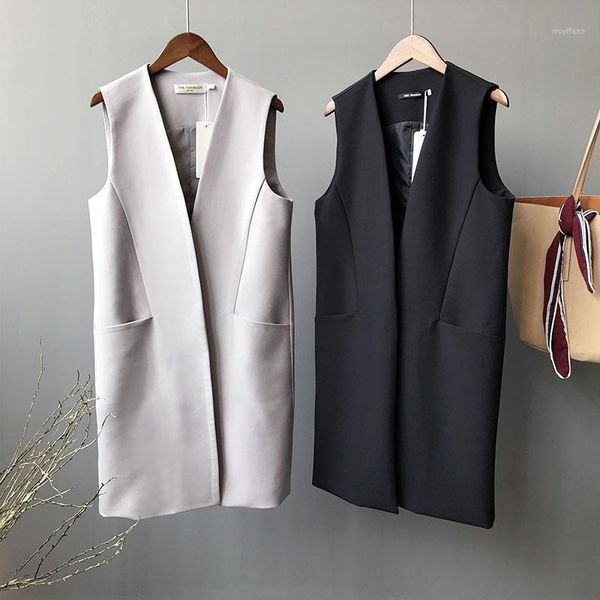 

spring long casual blazer vest pocket women gray black slim suit coat1, Black;white