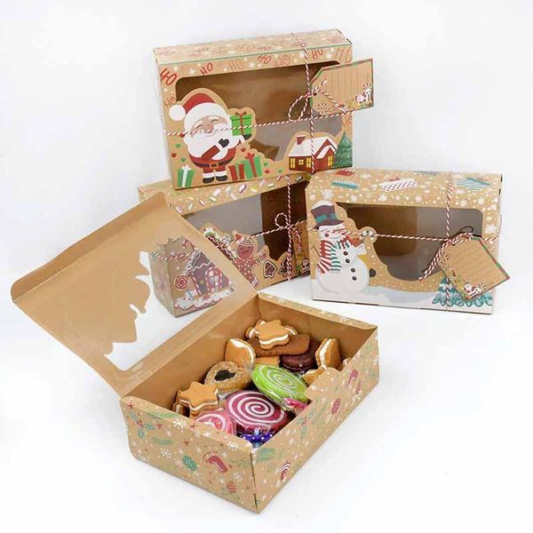 

3pcs merry christmas handmade gift box wirh transparent window cookies kraft boxes for home new year party candy packing favors1