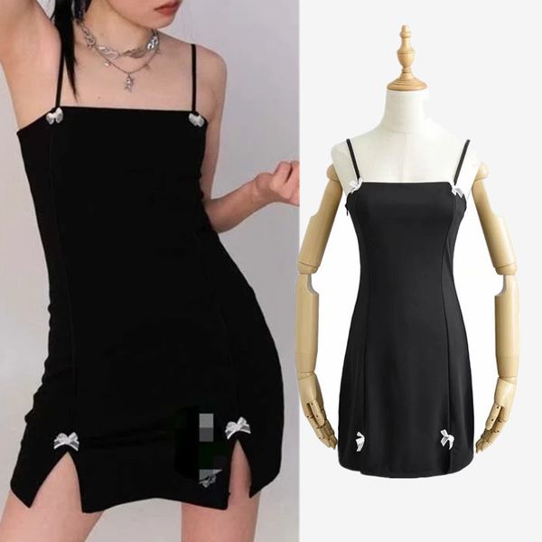 

women's slim fitting flat mouth suspender skirt fashion lace bow dress, Black;gray