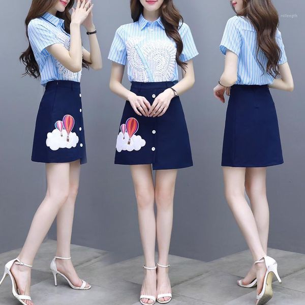 

new summer wear short-sleeved female striped shirt dress irregular two-piece suit skirt of tall waist1, White