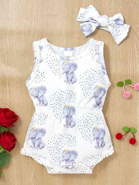 

baby star & elephant print bodysuit & headband she, Blue