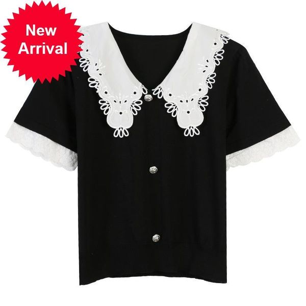 

2021 new black vinegar fashionfemale summer designer striped white ribbon loose mesh shirt short sleeve clothes ixpo