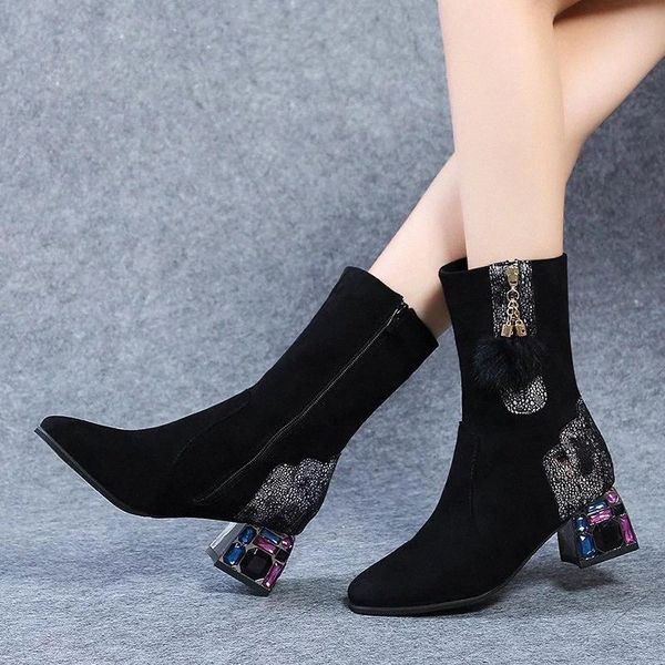 

women vintage boots suede rhinestone mid calf boots flock booties tassel square heels retro 2020 tassel low heel 8721n #2l9n, Black
