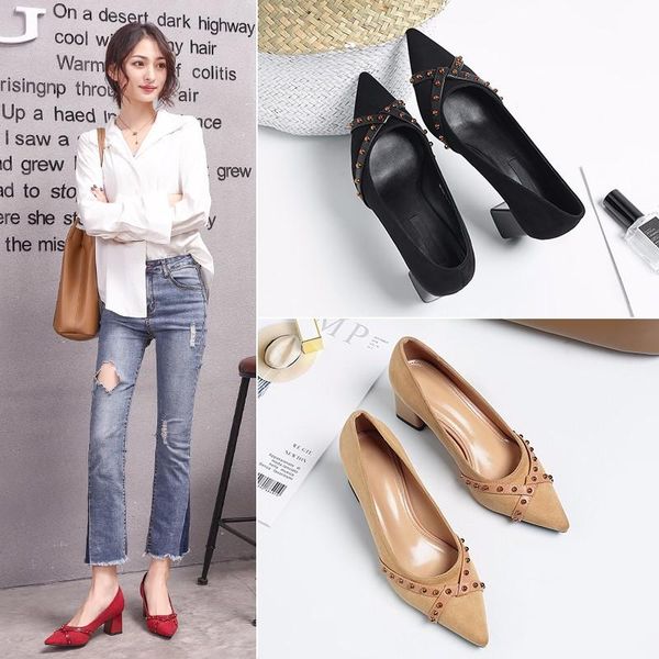 

2021 spring fall luxury women suede studded khaki black block high heels pumps flock rivets chunky heels tacones shoes