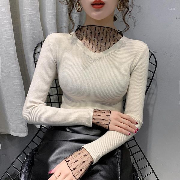 

knitting sweater women spring long sleeve lace mesh turleneck slim fashion ladies basic 20201, White;black
