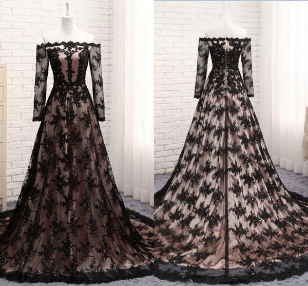 

2021 chic black lace wedding dresses with sleeves off the shoulder applique beads zipper long train women bridal dress plus size vintage, White