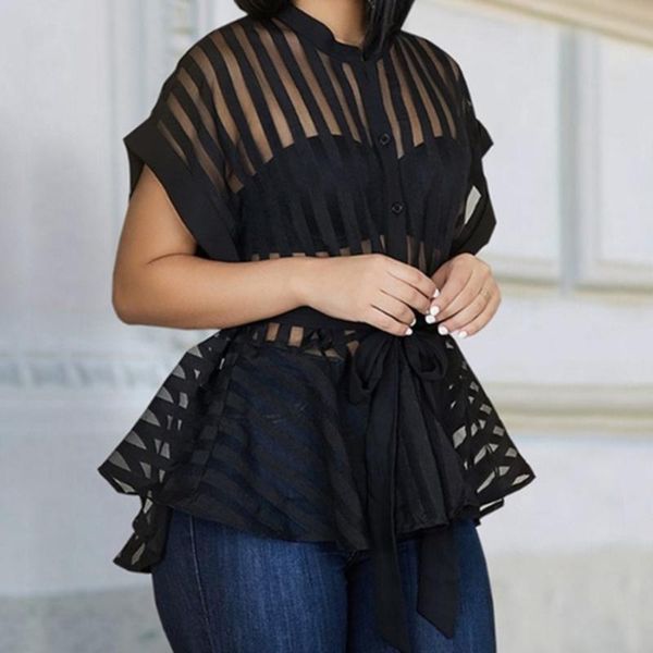 

women's blouses & shirts 2021 blouse american striped perspective llace up stand collar shirt blusas mujer de moda short, White