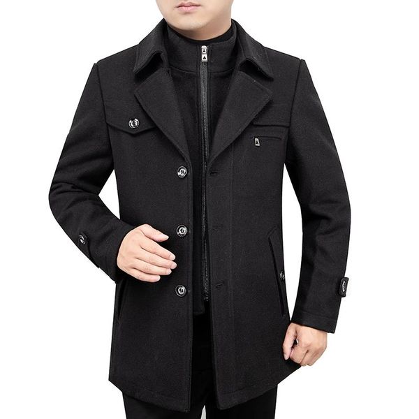 

men's wool & blends 2021 autumn winter fashion solid single breasted zipper woolen trench coat male business casual jacket, Black