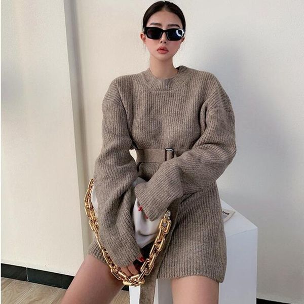 

womengaga autumn winter thick warm knitted full sleeve mini dress belt hgih waist lazily fashion korean women's elegant mwdb, Black;gray