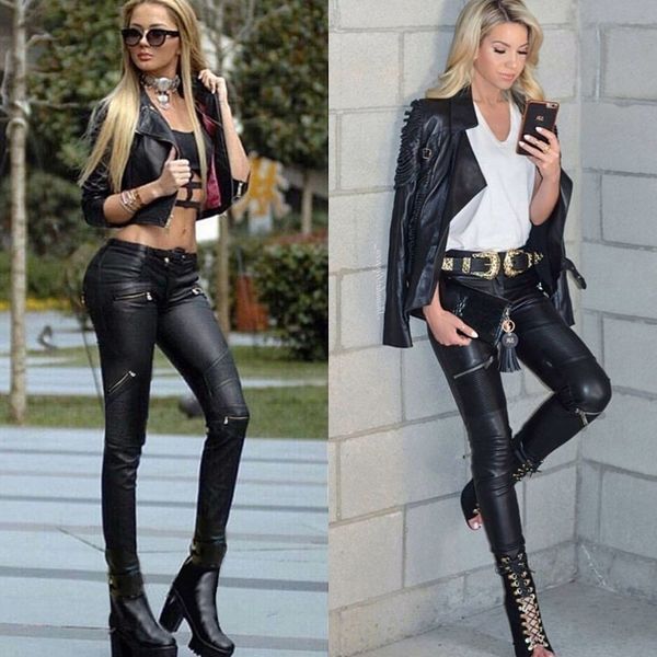 Hohe Taille Stretch PU Leder Hosen Frauen Haut Enge Motorrad Gothic Punk Rock Bleistift Hosen Reißverschluss Moto Biker Plus Größe XS 201106