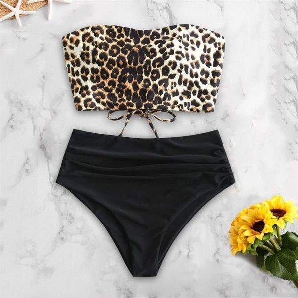 

bikinis set swimsuit two piece high waist bikini crisscross women leopard print strapless bandage off shoulder swimwear1