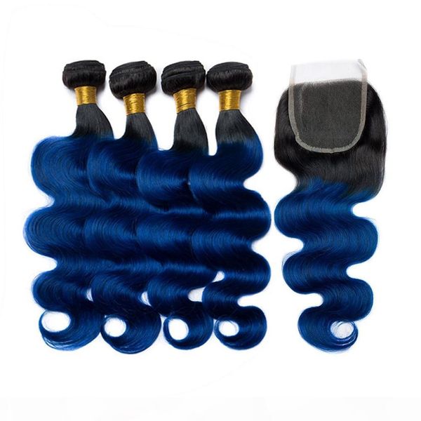 

#1b blue dark root ombre indian human hair body wave weave wefts with closure dark blue ombre wavy 4bundles with lace closure 4x4, Black;brown