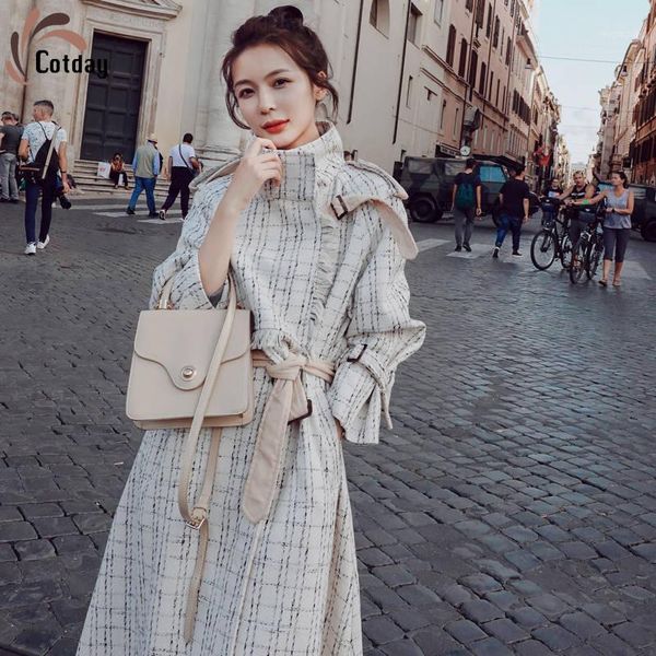 

cotday long single breasted turn-down collar thick plaid korea style 2021 new winter warm elegant women woolen blend coats1, Black