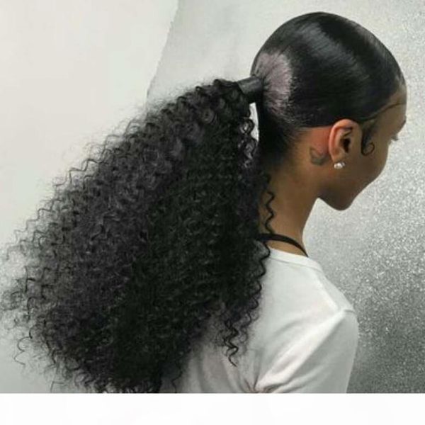 

human hair afro drawstring ponytail kinky curly hair bun extension donut chignon hairpieces ponytails updo hair extensions with clips 120g, Black
