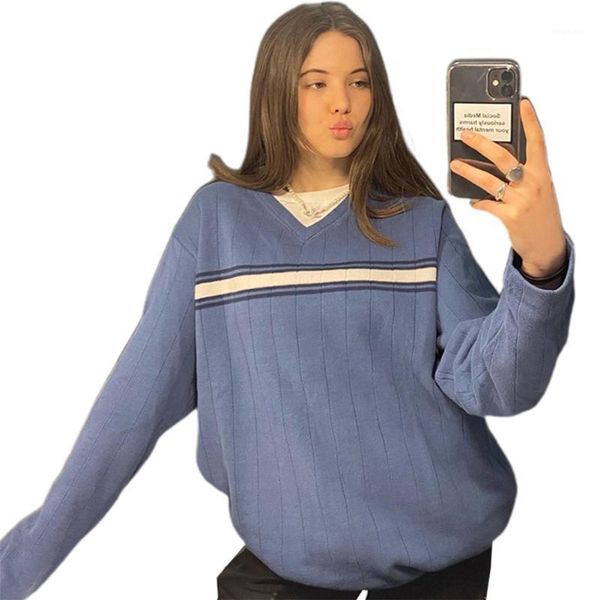 

oversized sweater fashion striped decor v neck long sleeve pullover streetwear women casaul loose sweater 2020 autumn1, White;black