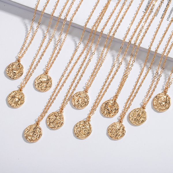Oro martellato metallo rilievo 12 zodiaco oroscopo collana ciondolo astrologia retro moda collo gioielli minimalista fascino rotondo accessorie