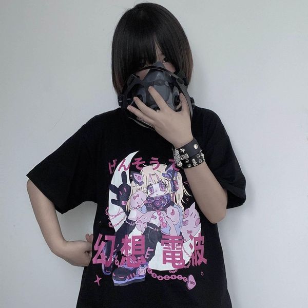 

t-shirts women anime print grunge loose steampunk tee gothic female harajuku summer clothing e-girl kawaii y2k aesthetic top, White