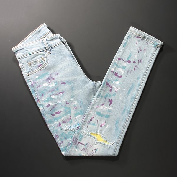 

2021 new american streetwear fashion men light blue painted designer ripped jeans elastic slim fit hip hop long pants ra4m