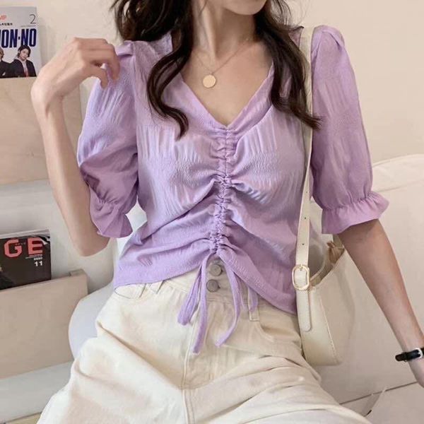 

women's blouses & shirts drawstring v-neck vintage crop women 2021 fashion soild short sleeve elegant chiffon korean ladies, White