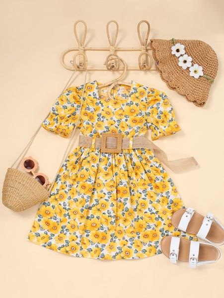 

toddler girls allover floral print puff sleeve belted dress she, Red;yellow