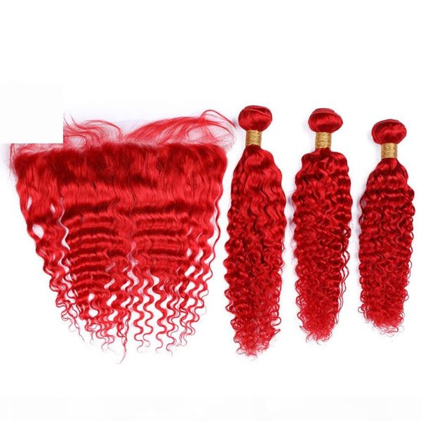 

virgin malaysian human hair red colored weaves with frontal 3bundles bright red deep wave hair wefts with 13x4 lace frontal closure 4pcs lot, Black;brown
