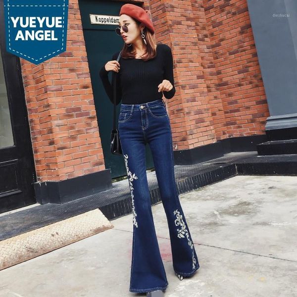 

embroidery vintage zipper flare jeans women high waist slim casual bell-bottomed pants office lady denim trousers streetwear1, Blue