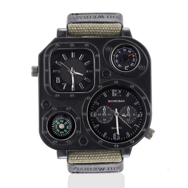

quartz military watch outdoor double movement watch canvas compass large dial men's watch, Slivery;brown