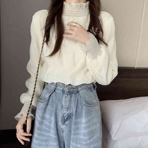 

chic bottoming shirt woman autumn winter korean ins solid half high neck long sleeve versatile chiffon shirts, White