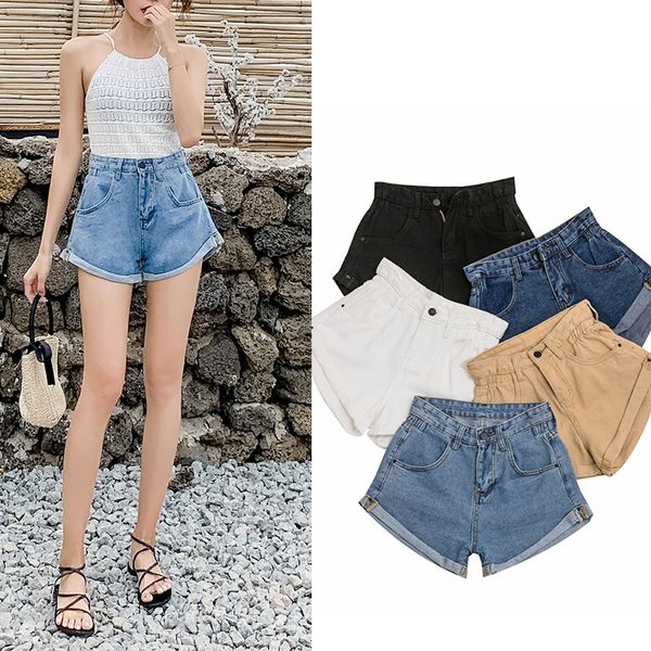 

2019 hem versatile shorts elastic high waist slim long leg denim, White;black