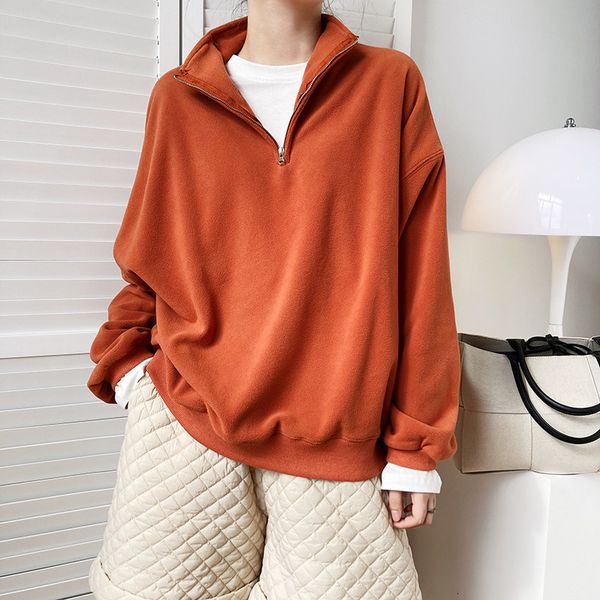 

new 2021 spring hoodie turn down collar pure color long sleeve women casual hoodies loose style clothes pullovers xnfg, Black