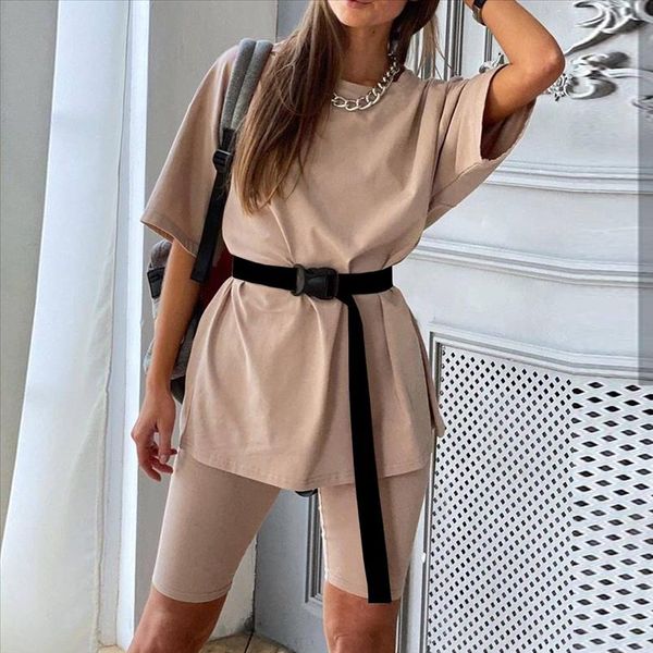 

fashion tracksuits with belt loose solid two piece set women and bicycles shorts casual home bodycon outfits lounge wear, Gray
