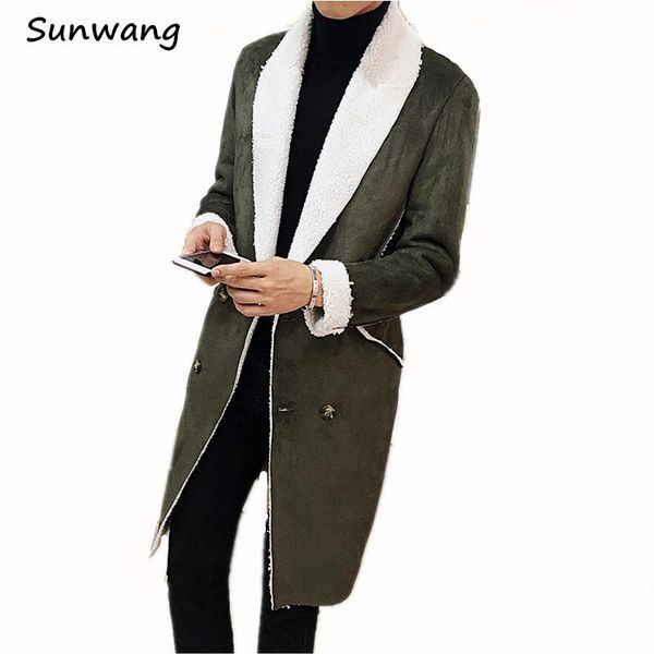 

2021 winter harajuku casual thick warm trench suede coats man broadcloth suede leather mens faux fur coat motorcycle long jacket, Black
