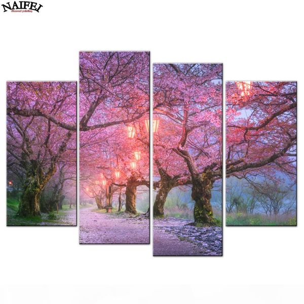 

4 pcs set pink cherry tree diamond painting modern natural landscape wall art picture for living decor diy 5d diamond embroidery