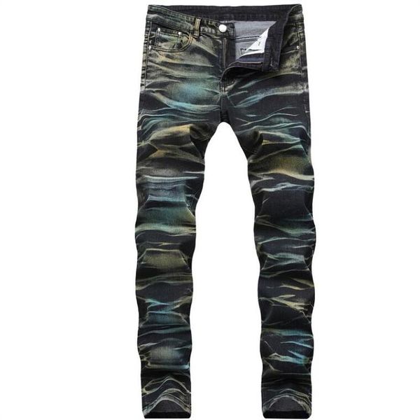 

mens 3d painted qkn1922 straight elastic jeans slim designer fit aurora color pencil scratched biker denim pants bleached streetwear br anwo, Black