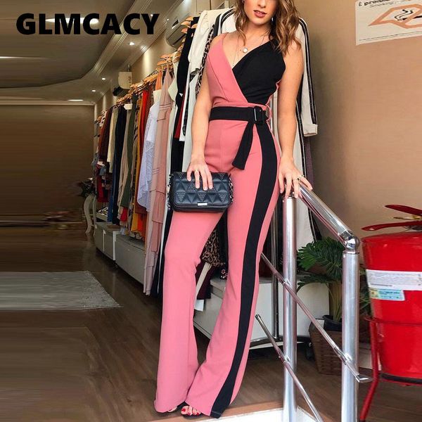 

women summer casual color block jumpsuits spaghetti strap v neck belted jumpsuit overalls elegant chic streetwear t200107, Black;white