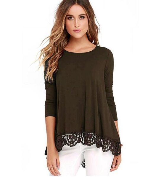

relaxed round neck long sleeve lace t-shirt for women, Black;gray
