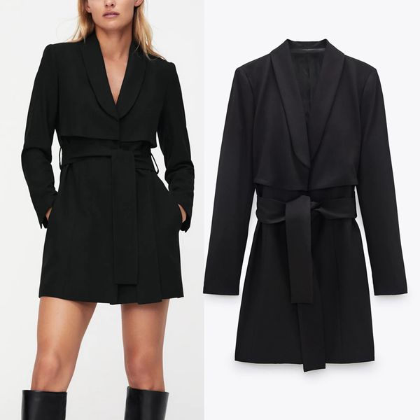 

za autumn black blazer dress women winter office mini ladies dresses long sleeve belt snap button collar woman dresses 201126, Black;gray