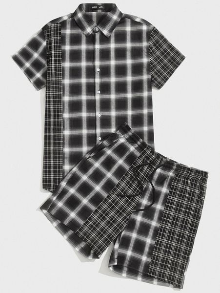 

men button front plaid print & drawstring waist shorts a5ao#, Gray
