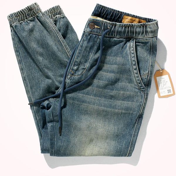 

2020 autumn and winter washed old thick blue denim jeans men's fashionable heavy weight elastic waist drawstring jeans