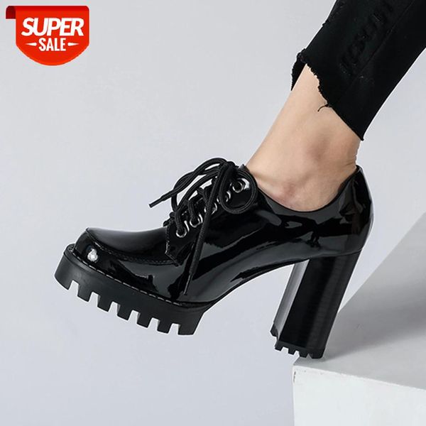 

ribetrini 2021 office lady lace up solid black shoes genuine leather sewing platform high heels women pumps design pumps #wq82