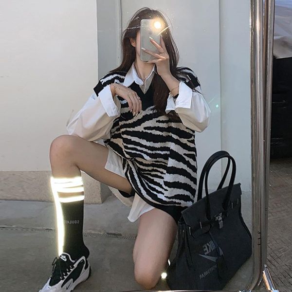 

women's vests temperament fried street zebra pattern waistcoat women sweater autumn and winter 2021 net red v-neck knitted vest, Black;white