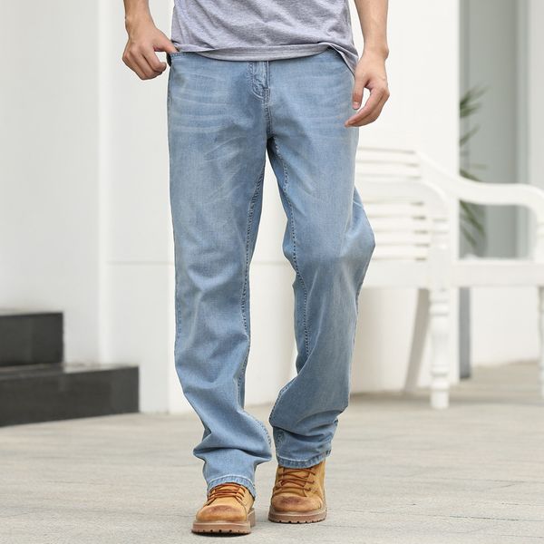 

summer men's straight big size loose high street light blue streetwear hip-hop jeans, Black