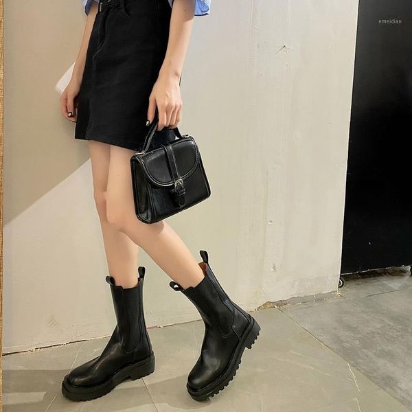 

shofort motorcycle boots 2020 fashion platform thick heel mid tube boots retro soft all-match heighten winter shoes women1, Black