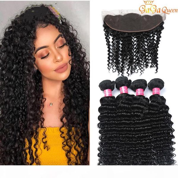 

brazilian deep wave with frontal brazilian deep wave hair bundles with frontal human hair weaves hair ear to ear lace frontal closure, Black;brown