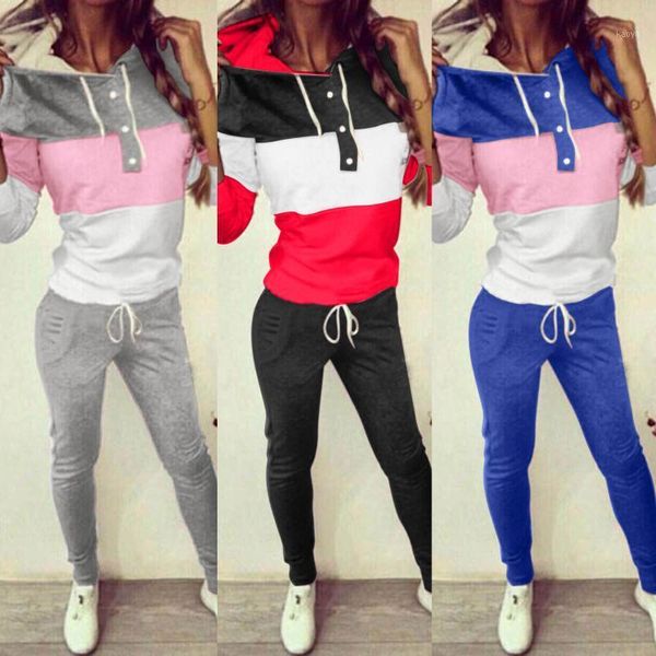 

ladies fashion tracksuits hooded long sleeve color block sportswear casual two piece set sweatshirt jogger pants suit female#401, Gray